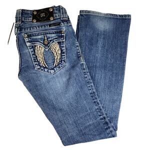Miss Me Jeans Women’s Sz 26 JP5082B Boot Cut ANGEL Pocket Rhinestone Inseam 32"